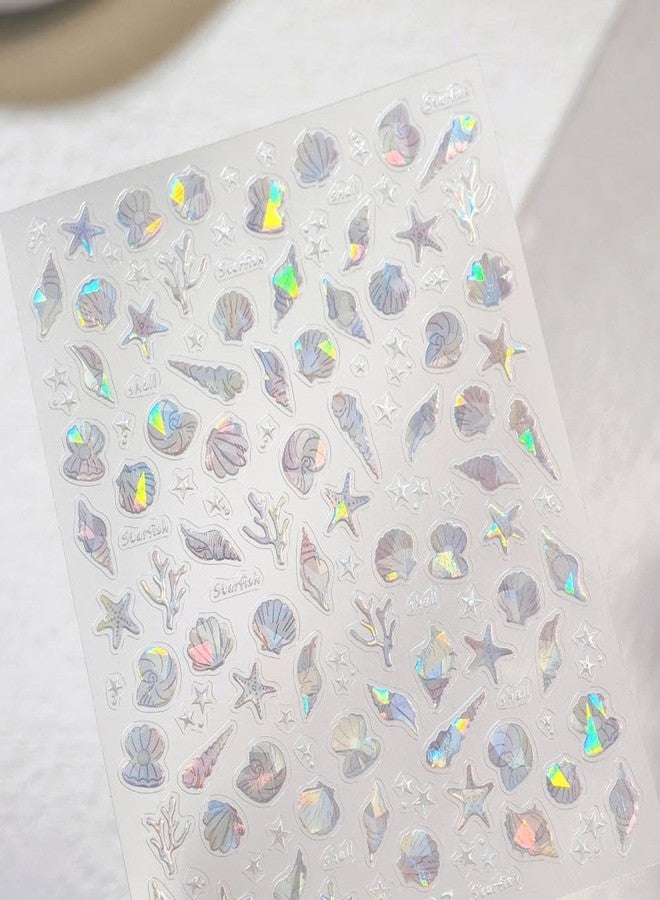 Maigitur Laser Ocean Nail Stickers Gold Conch Nail Designs Self-Adhesive Silver Shell Nail Decals 5D Embossed Aurora Starfish Summer Sticker Manicure Accessories for Women Girls DIY Acrylic Nails 2 Sheets - Image 5